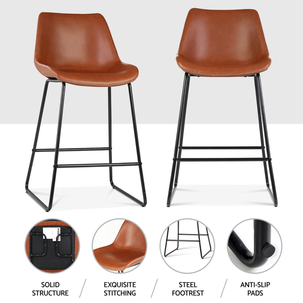 Set of 4 Leather Padded Bar Stools Metal Legs - Brown