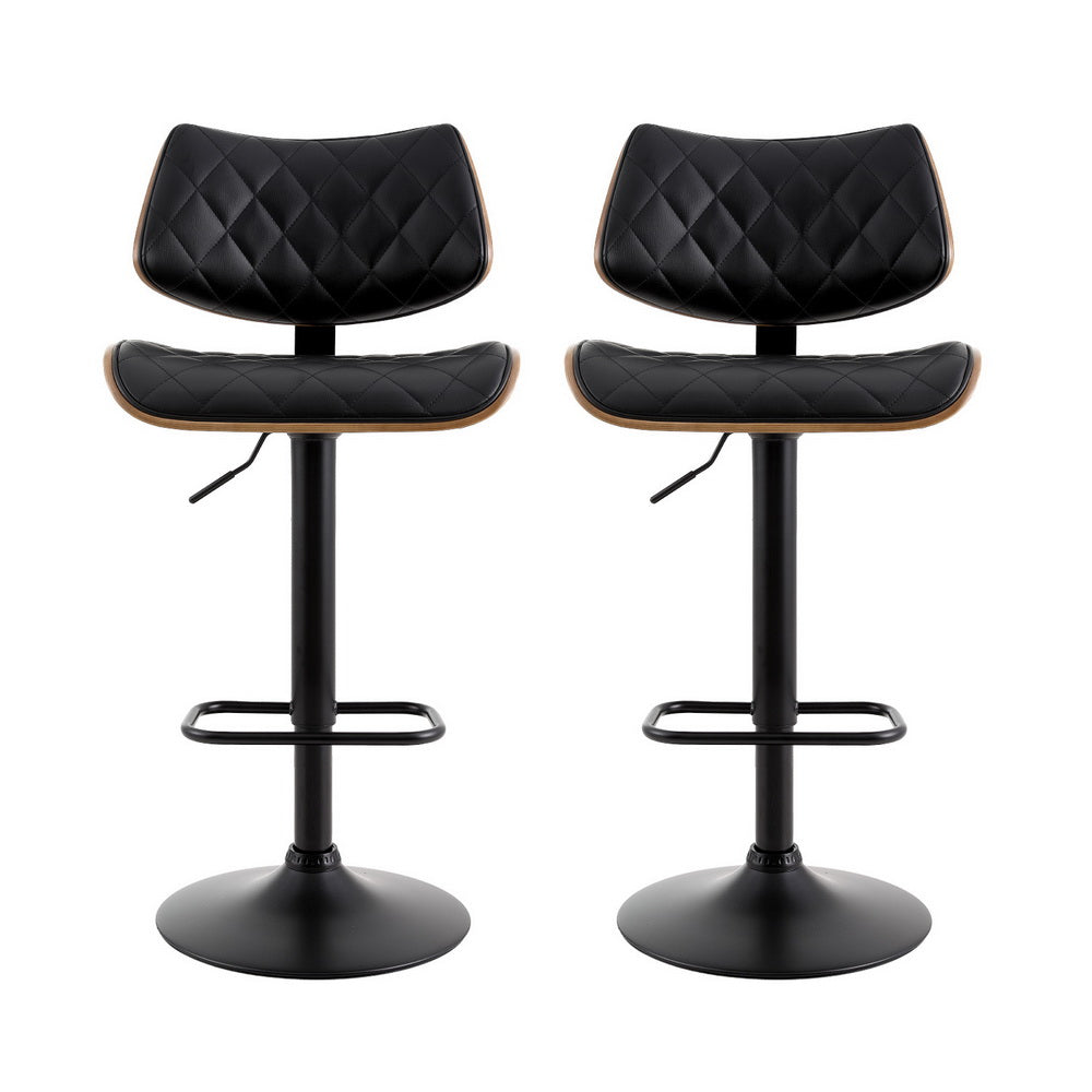 Set of 2 Quilla Leather Bar Stools Wooden - Black