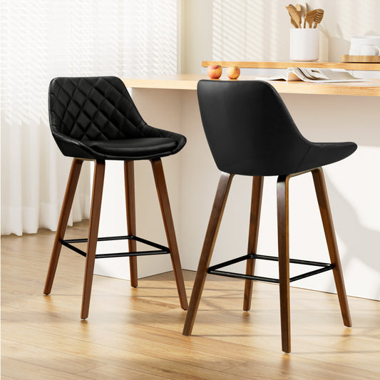 Set of 2 Leather Bar Stools PU Seat Wooden