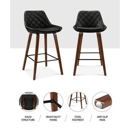 Set of 2 Leather Bar Stools PU Seat Wooden