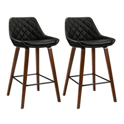 Set of 2 Leather Bar Stools PU Seat Wooden