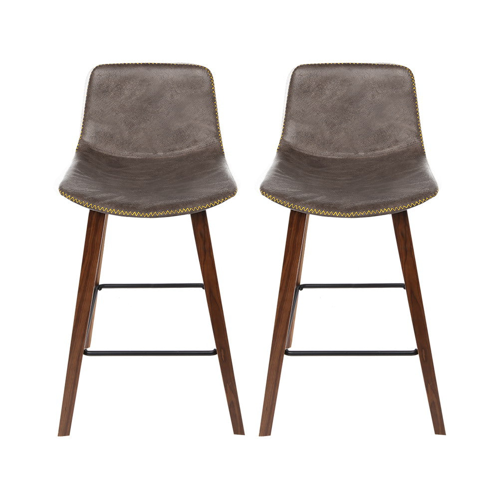 Set of 2 Wooden Leather Bar Stools Kitchen Counter Barstools