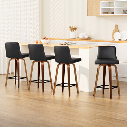 Set of 4 Felipe Bar Stools Swivel Leather Padded Wooden - Black