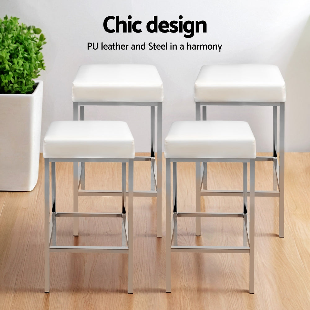 Set of 4 Delux Leather Padded Bar Stools - White