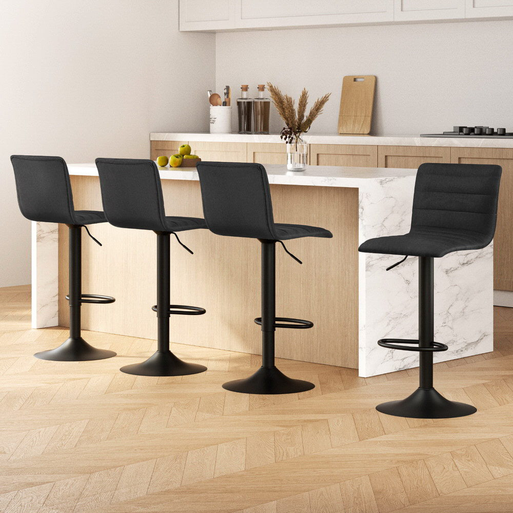 Set of 4 Linen Fabric Bar Stools - Black