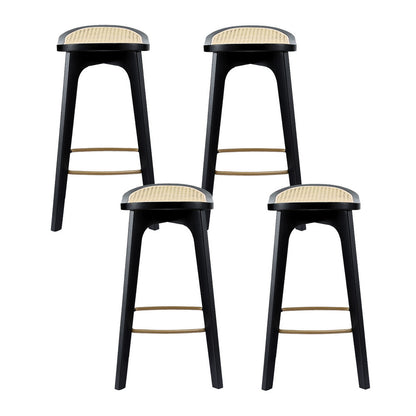 Set of 4 Rattan Bar Stools - Black