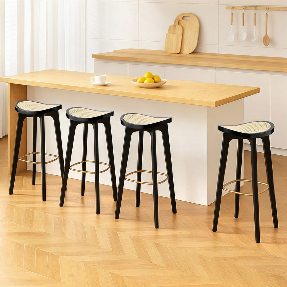 Set of 4 Rattan Bar Stools - Black