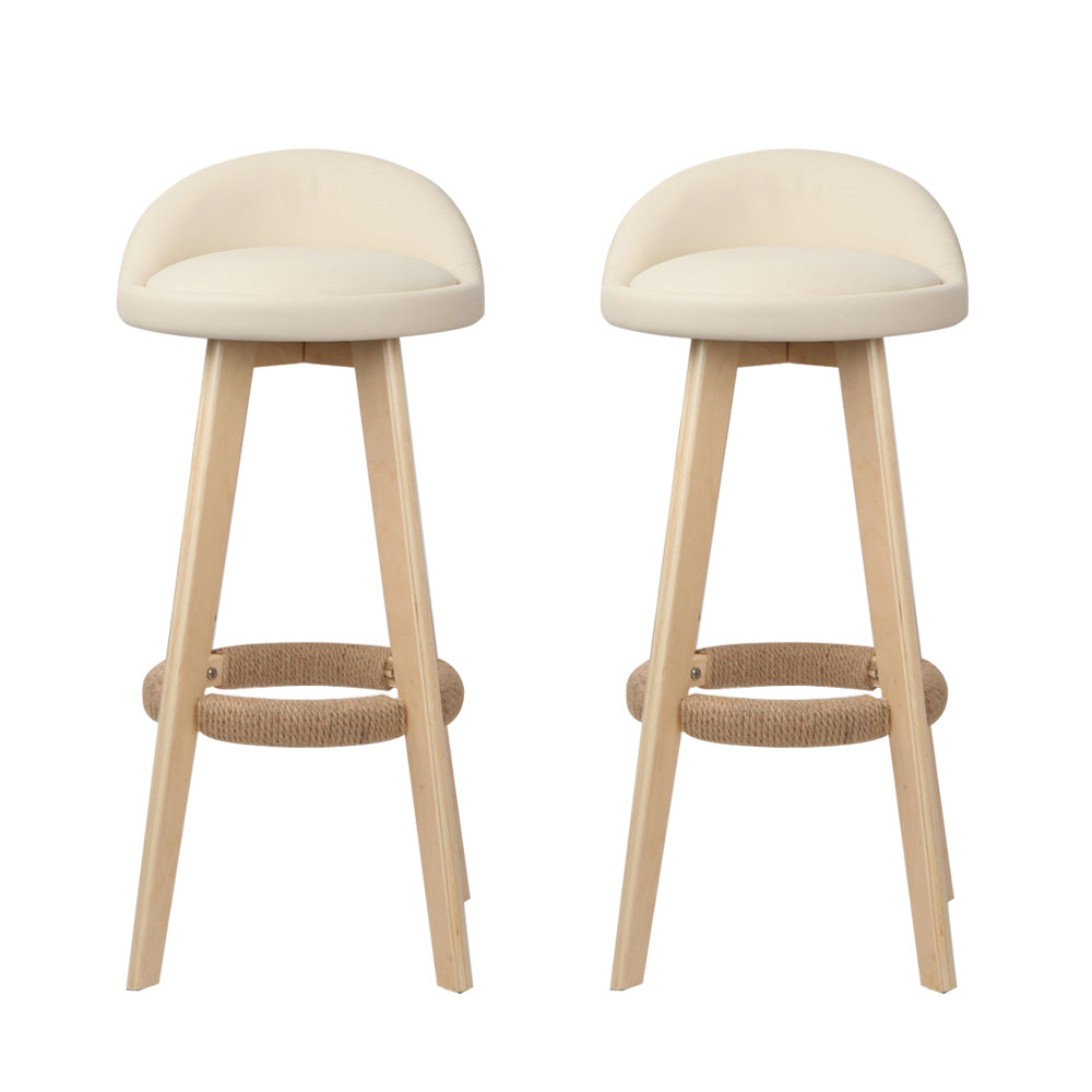 Set of 2 Leather Padded Bar Stools - Beige