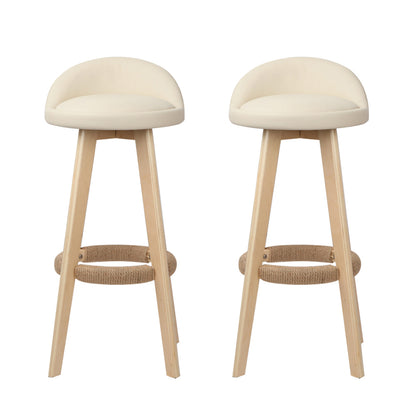 Set of 2 Leather Padded Bar Stools - Beige