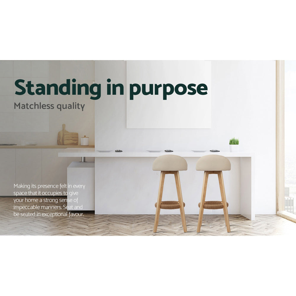 Set of 2 Leather Padded Bar Stools - Beige