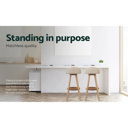 Set of 2 Leather Padded Bar Stools - Beige