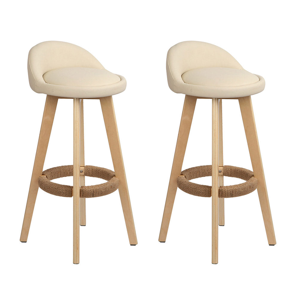 Set of 2 Leather Padded Bar Stools - Beige