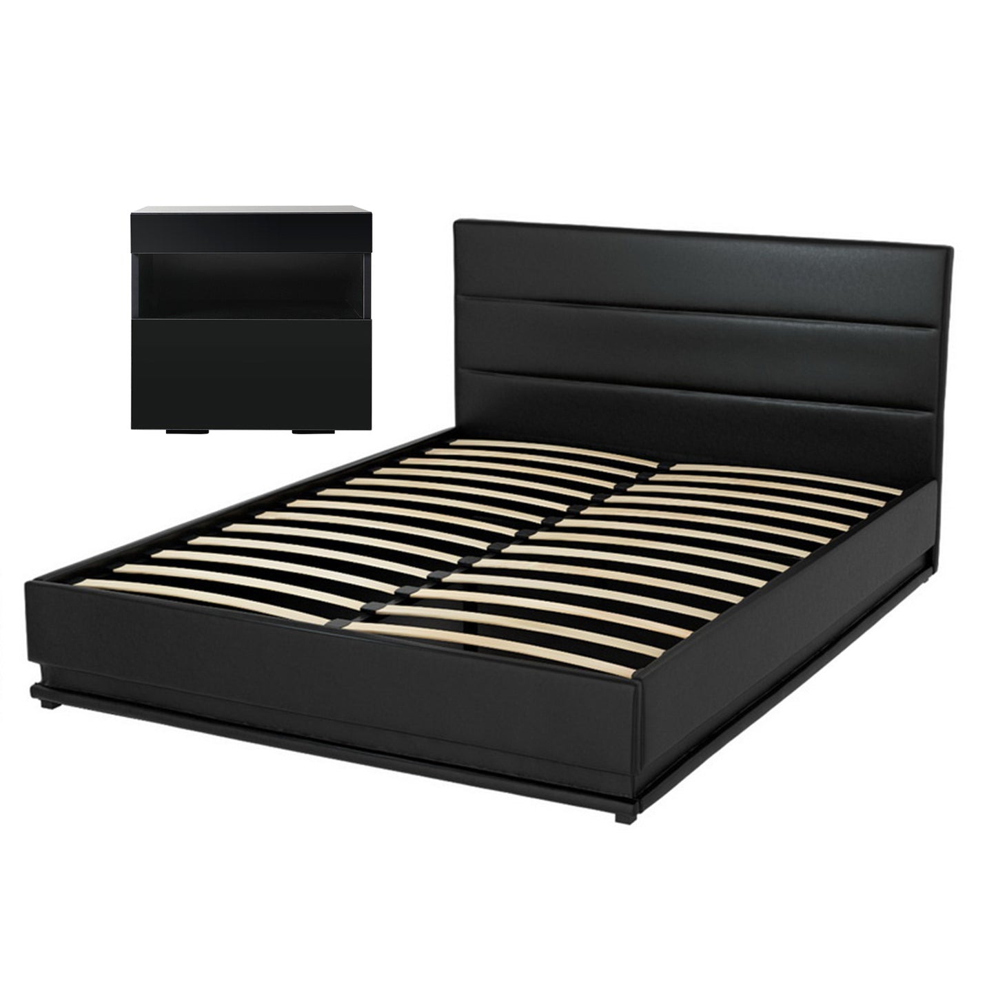 LED Double Bed Frame with Beside Table Set - Black