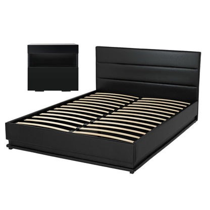 LED Double Bed Frame with Beside Table Set - Black