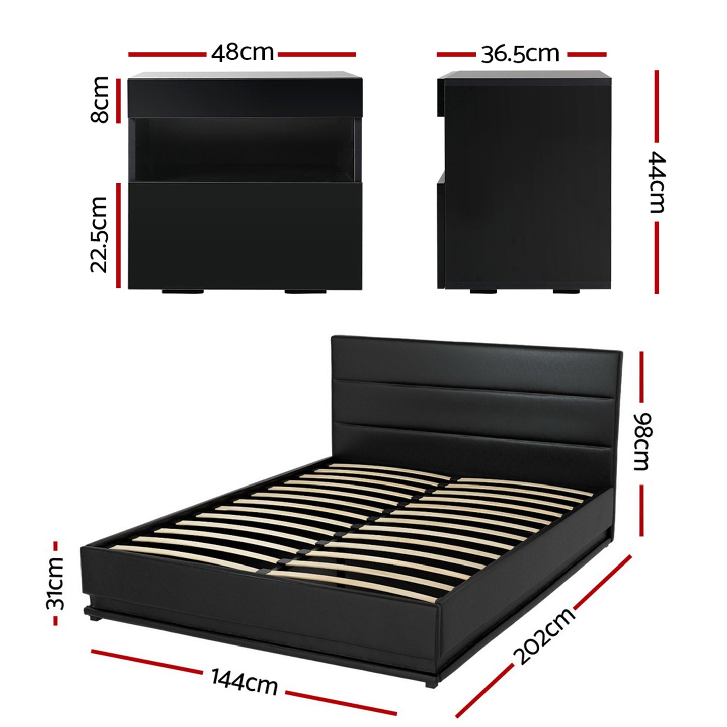 LED Double Bed Frame with Beside Table Set - Black