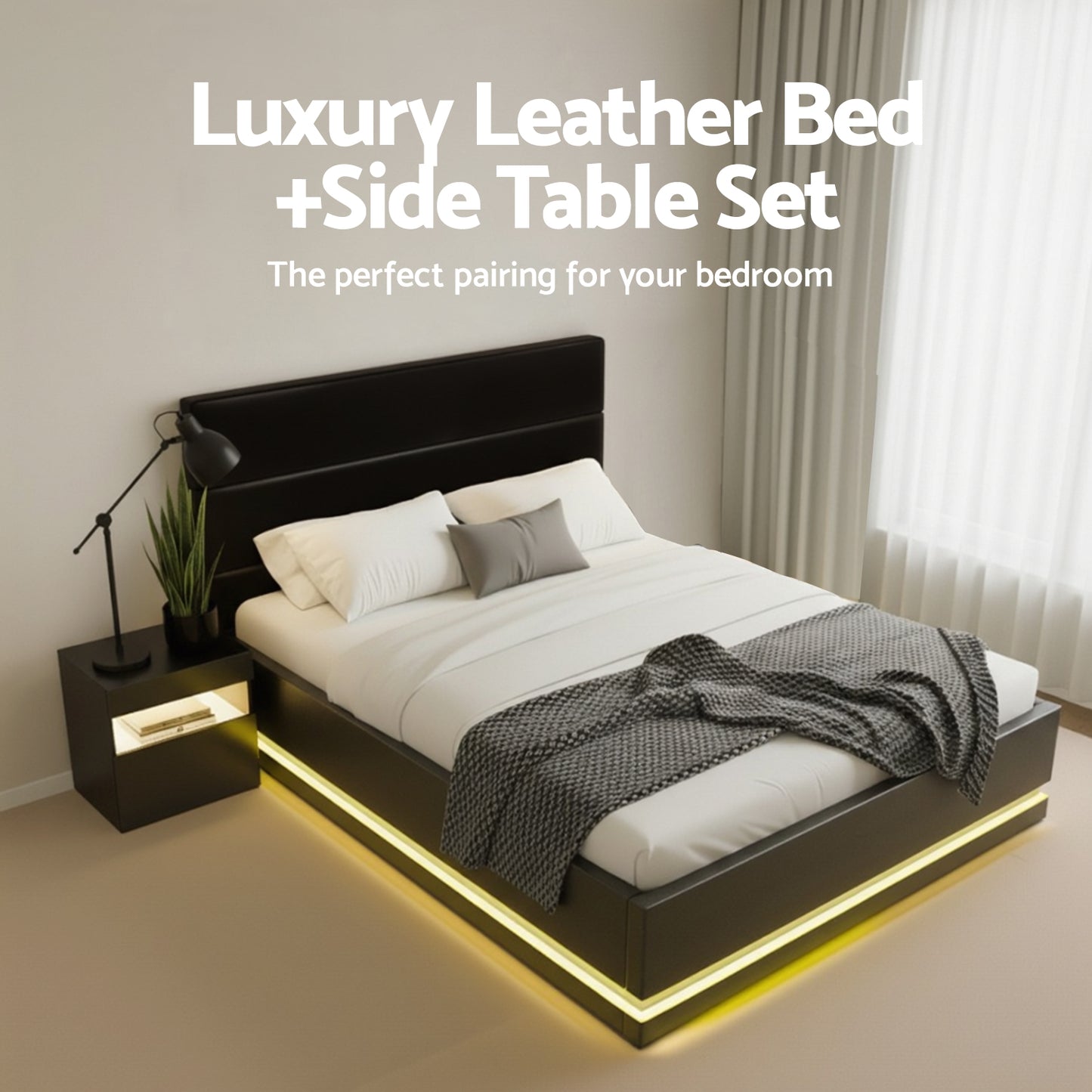 LED Double Bed Frame with Beside Table Set - Black