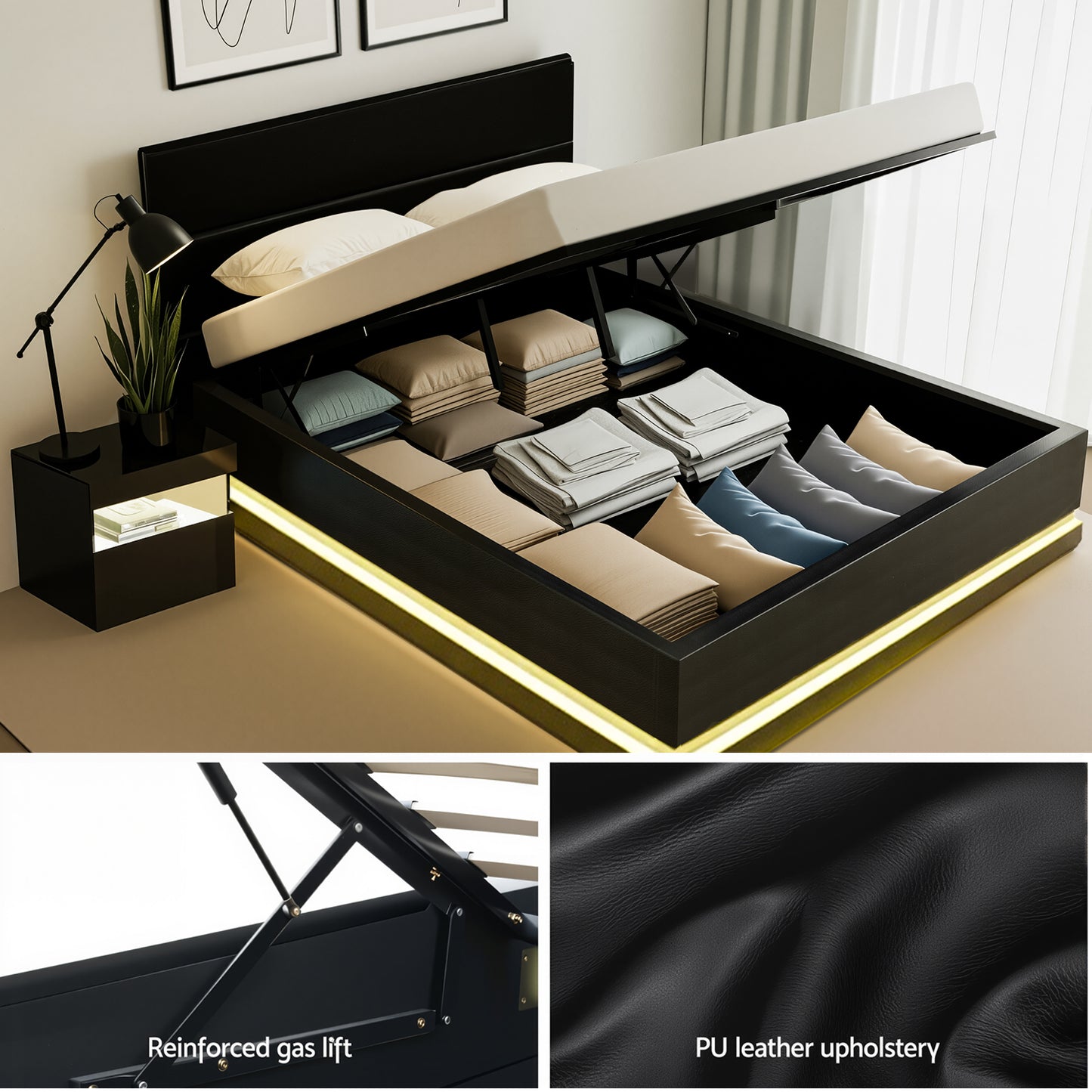 LED Double Bed Frame with Beside Table Set - Black