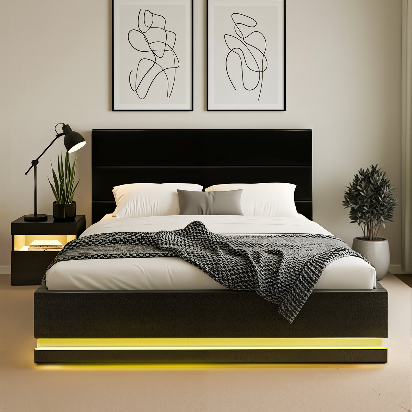 LED Double Bed Frame with Beside Table Set - Black