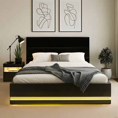 LED Double Bed Frame with Beside Table Set - Black