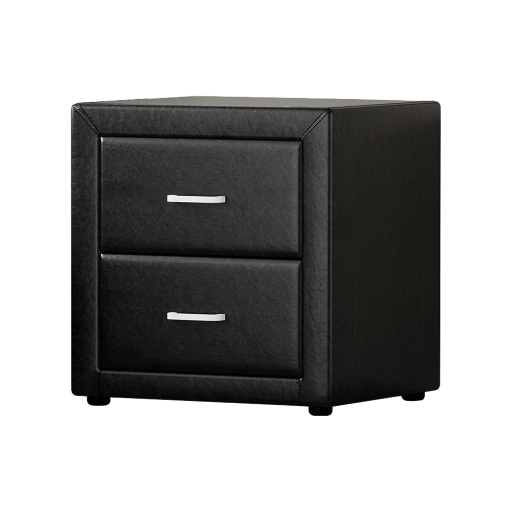 Caden Bedside Table 2 Drawers Side Table Leather - Black