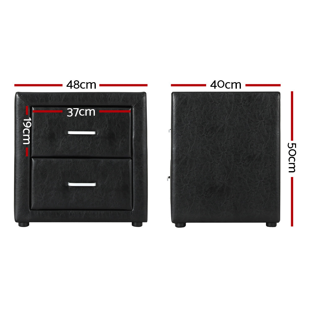 Caden Bedside Table 2 Drawers Side Table Leather - Black