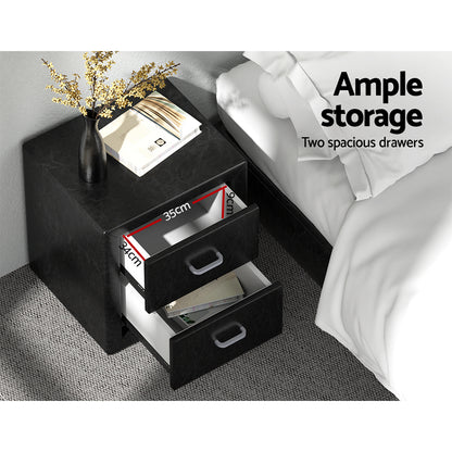 Caden Bedside Table 2 Drawers Side Table Leather - Black