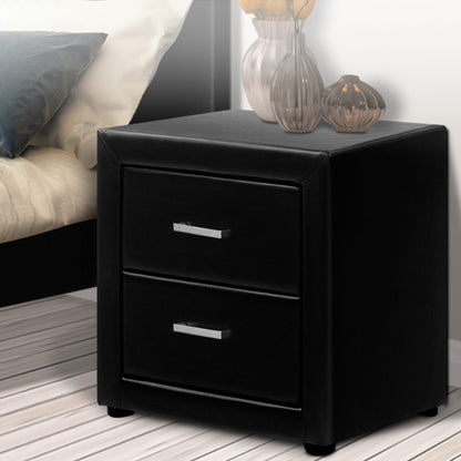 Caden Bedside Table 2 Drawers Side Table Leather - Black