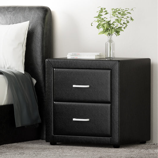 Caden Bedside Table 2 Drawers Side Table Leather - Black