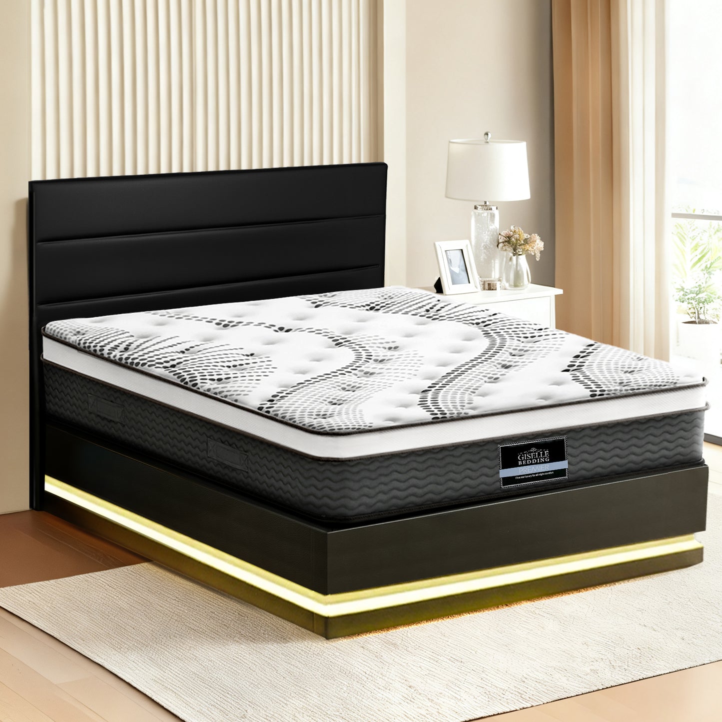 Queen RGB LED Bed Frame with Como Plush Euro Top Mattress - PVC Leather
