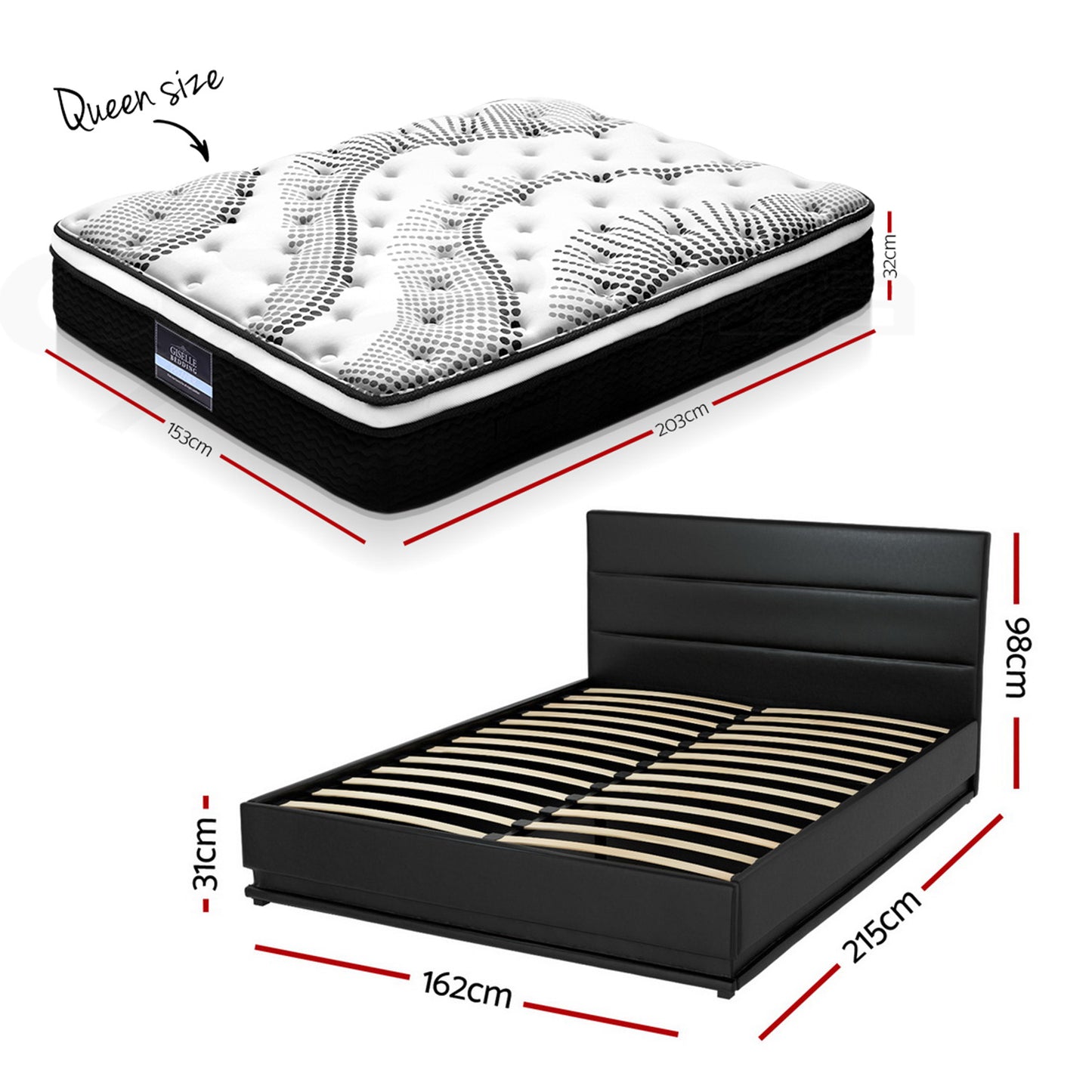 Queen RGB LED Bed Frame with Como Plush Euro Top Mattress - PVC Leather