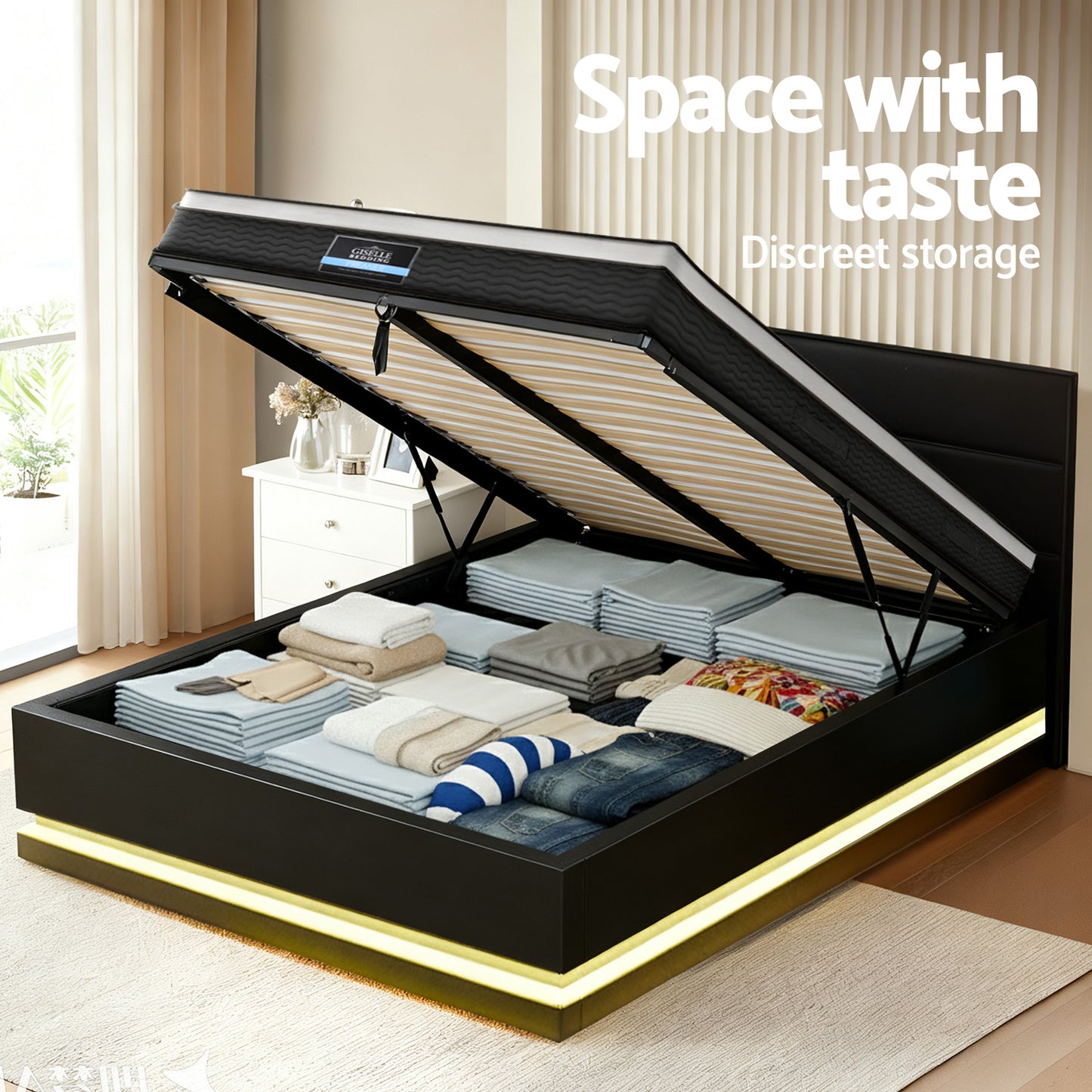 Queen RGB LED Bed Frame with Como Plush Euro Top Mattress - PVC Leather