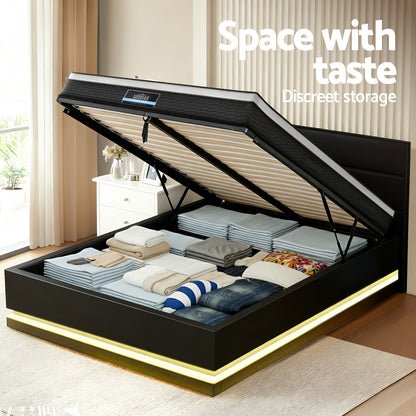 Queen RGB LED Bed Frame with Como Plush Euro Top Mattress - PVC Leather
