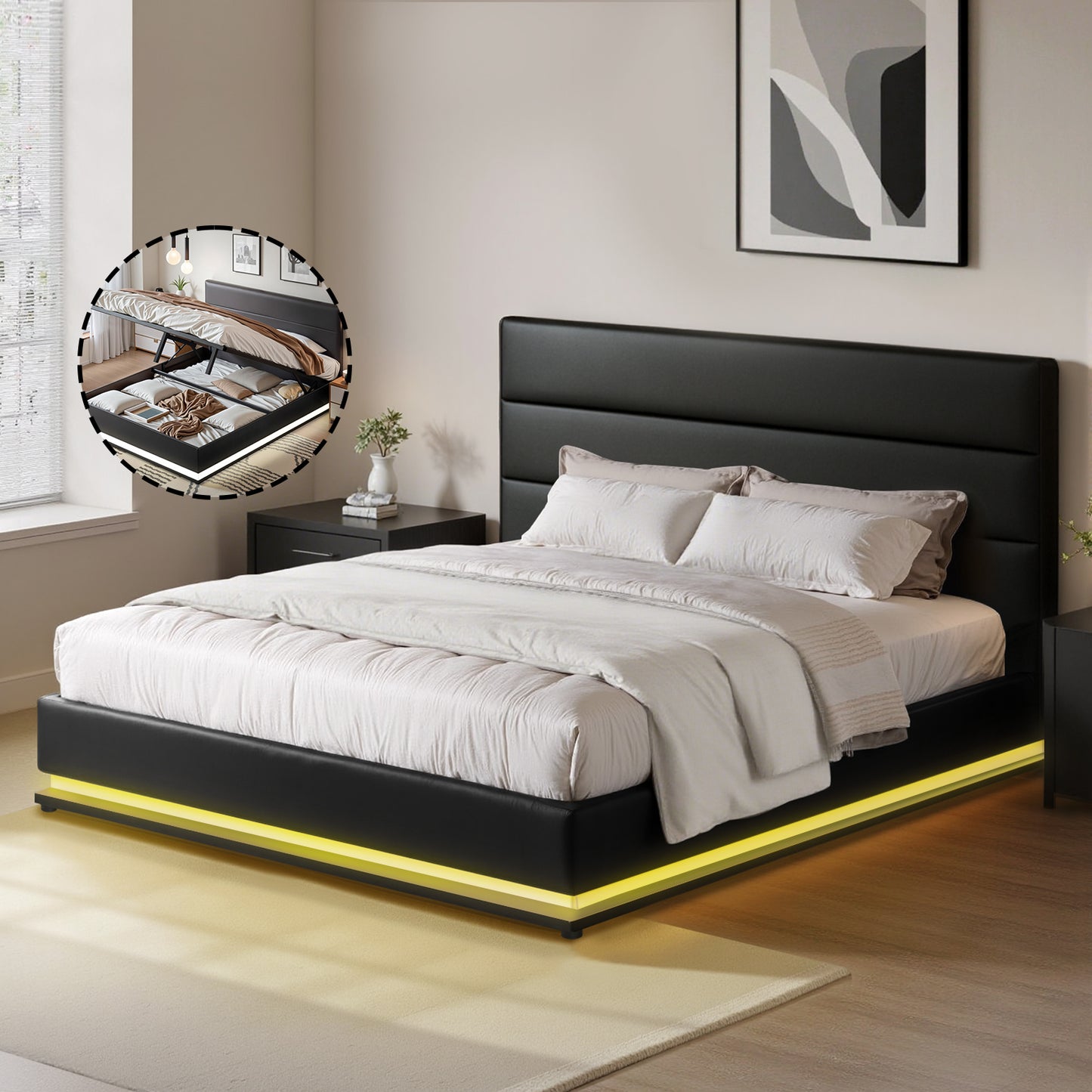 Lumi Queen LED Gas Lift Bed Frame - Black