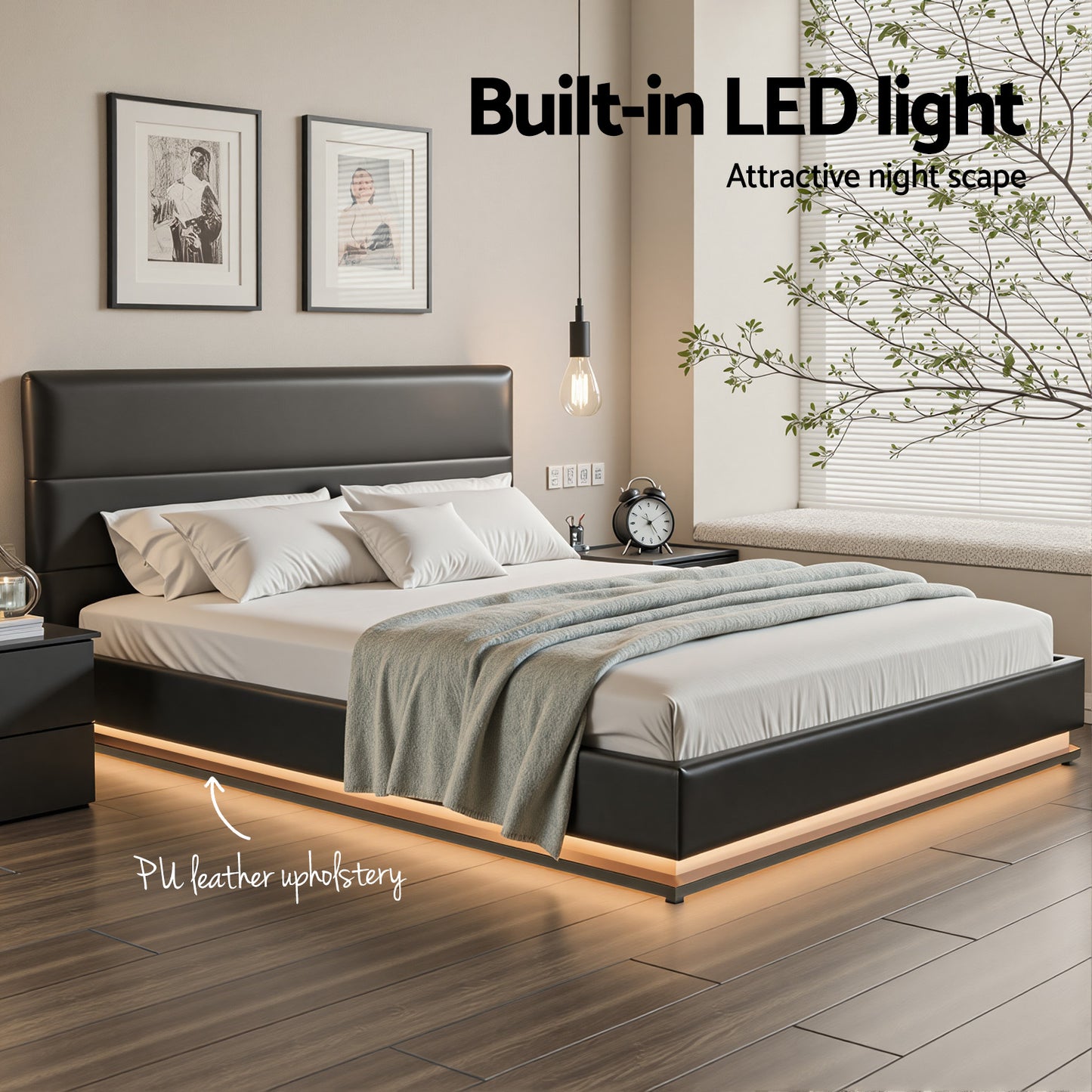 Lumi Queen LED Gas Lift Bed Frame - Black