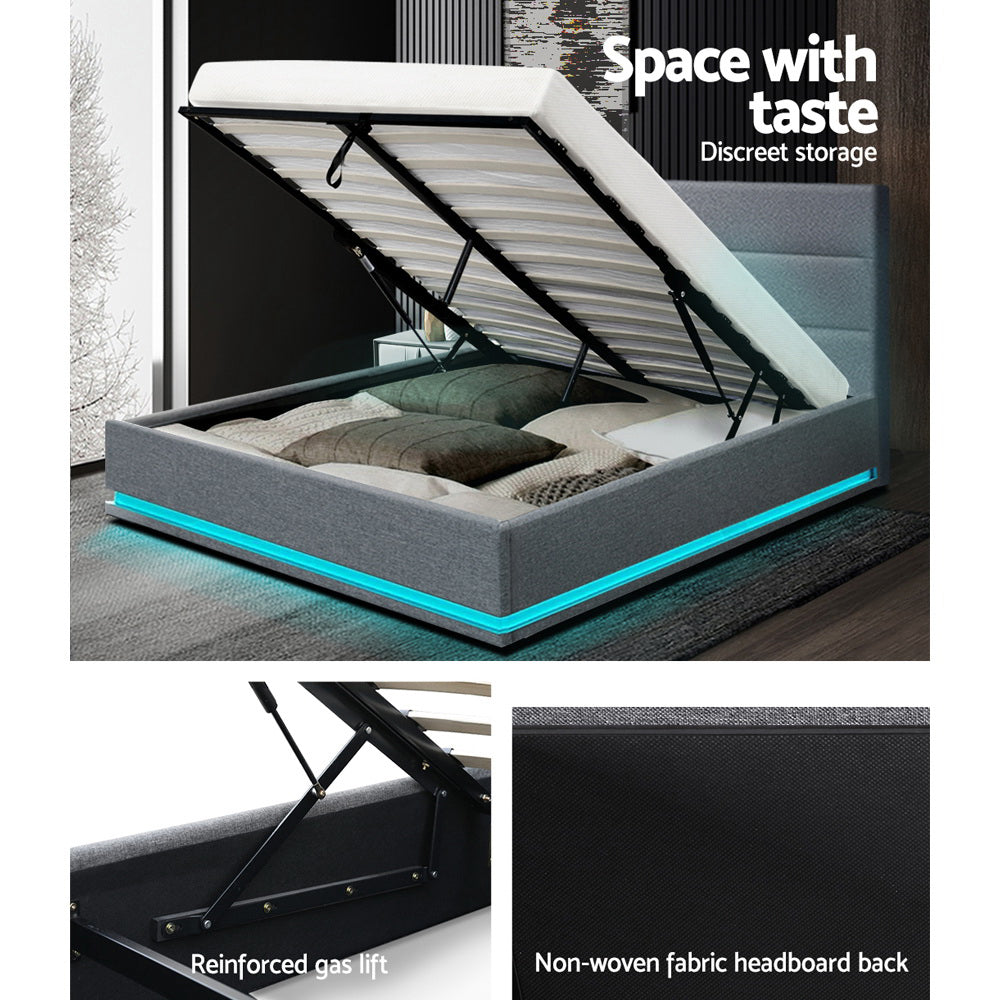 Lumi Queen LED Gas Lift Bed Frame - Grey