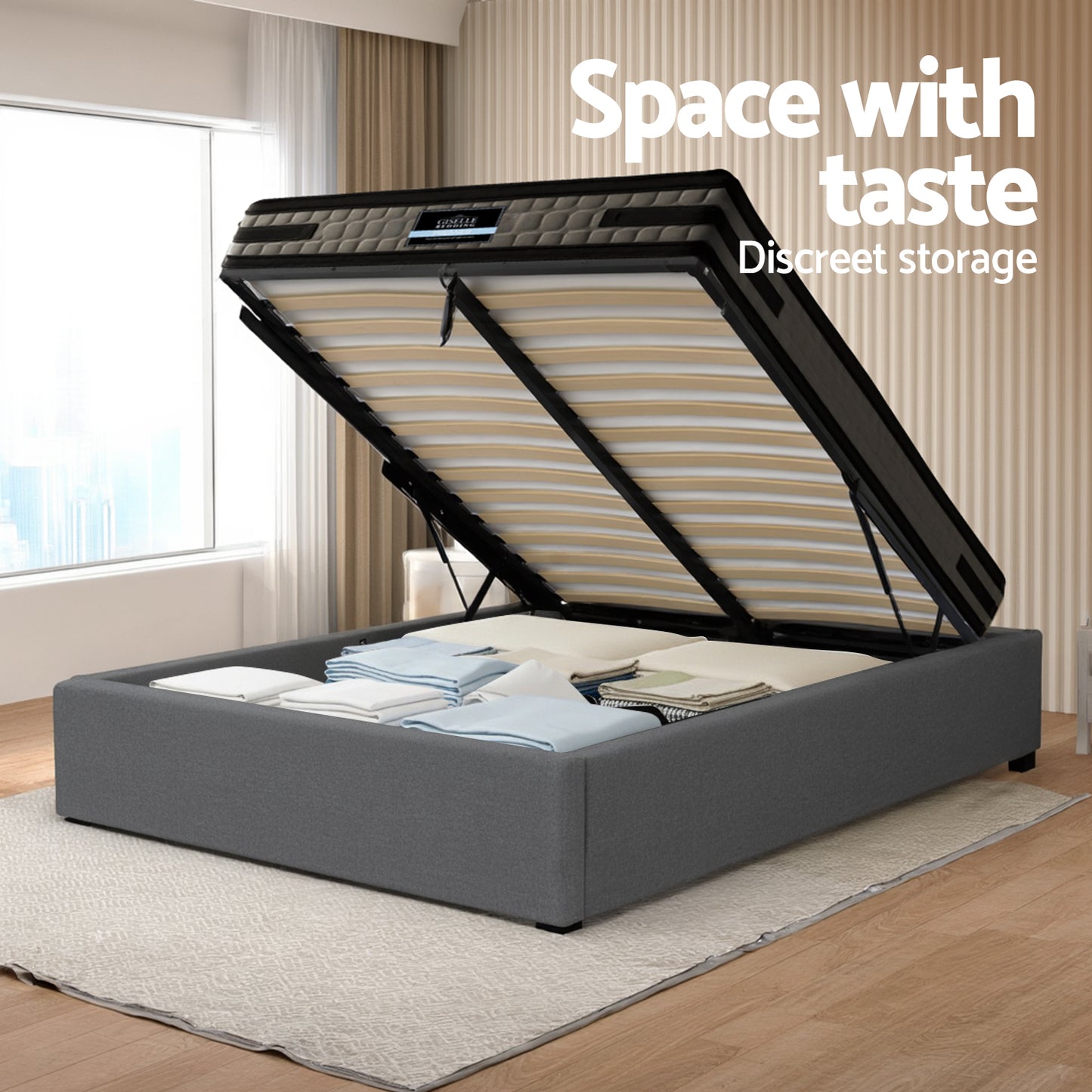 King Single Gas Lift Bed Frame with Luna Memory Foam Mattress - Grey