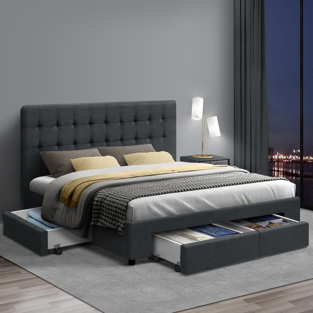 Avio Double Bed Frame with 4 Drawers - Grey