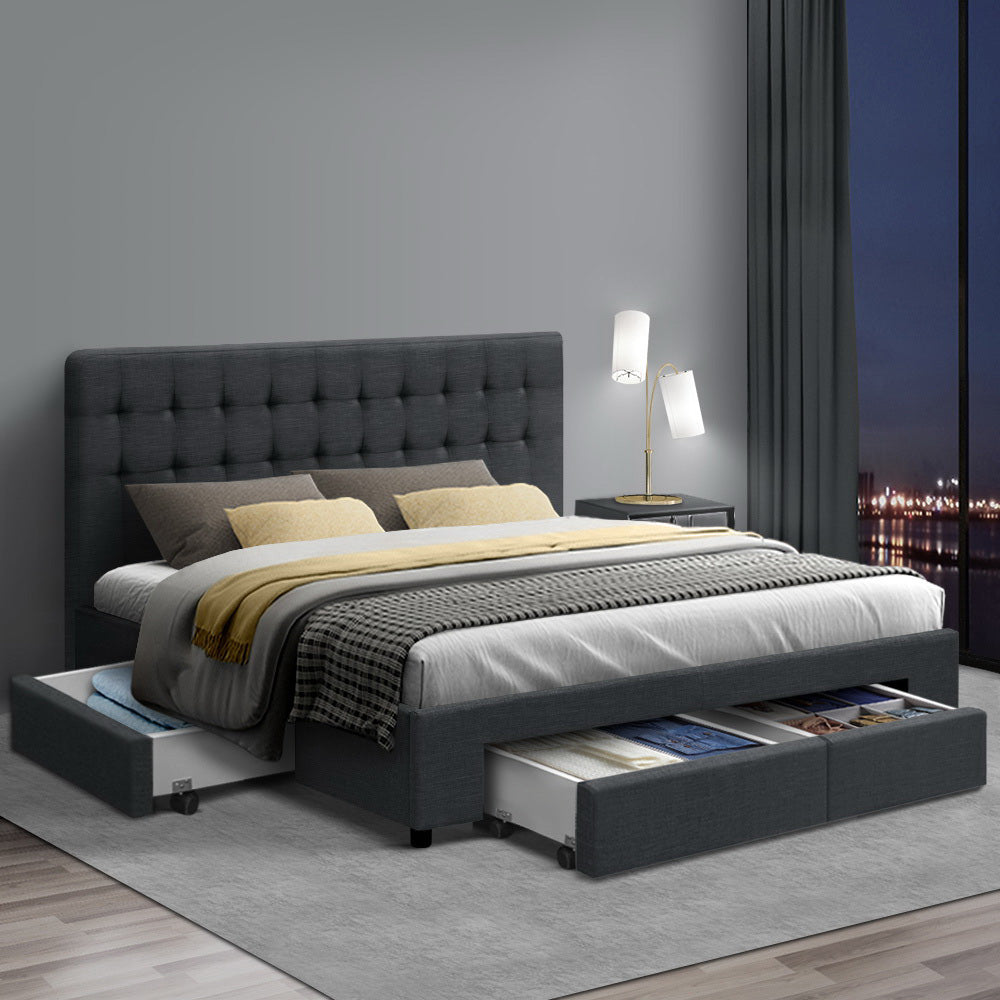 Avio Queen Bed Frame with 4 Drawers - Charcoal