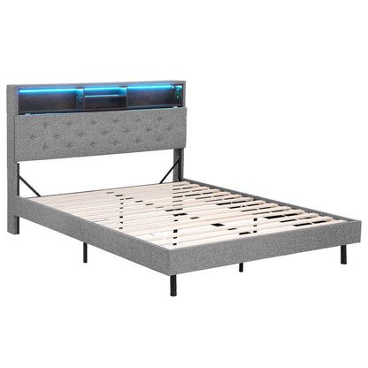 Midnight Double LED Bed Frame with Storage Shelf Hidden Storage Box - Grey