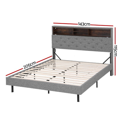 Midnight Double LED Bed Frame with Storage Shelf Hidden Storage Box - Grey
