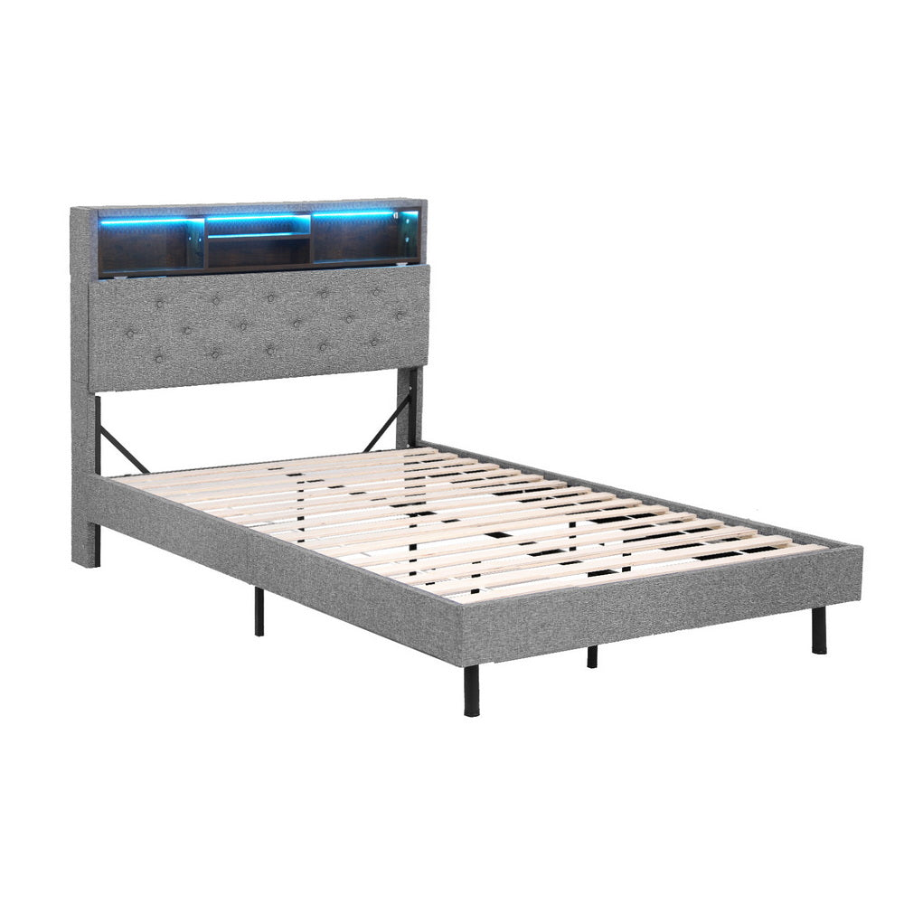 Midnight King Single LED Bed Frame with Storage Shelf Hidden Storage Box - Grey