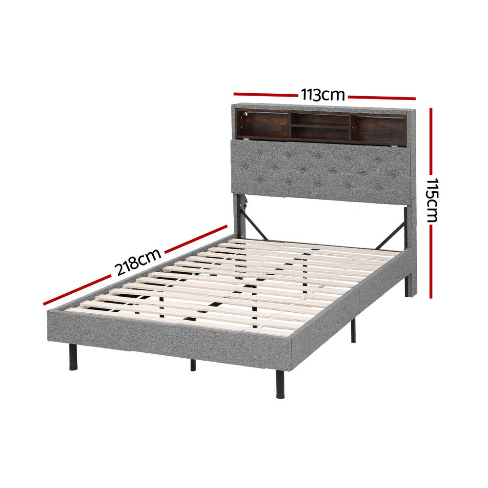 Midnight King Single LED Bed Frame with Storage Shelf Hidden Storage Box - Grey
