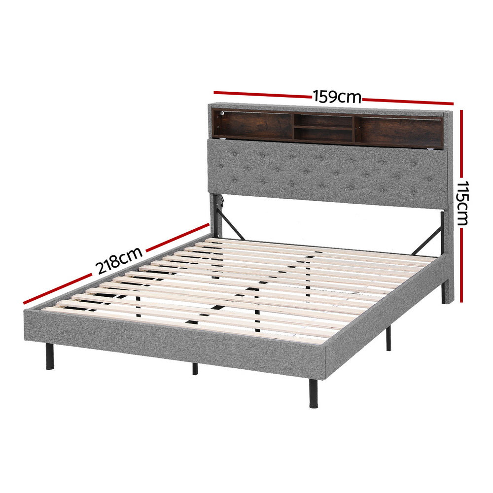 Midnight Queen LED Bed Frame with Storage Shelf Hidden Storage Box - Grey