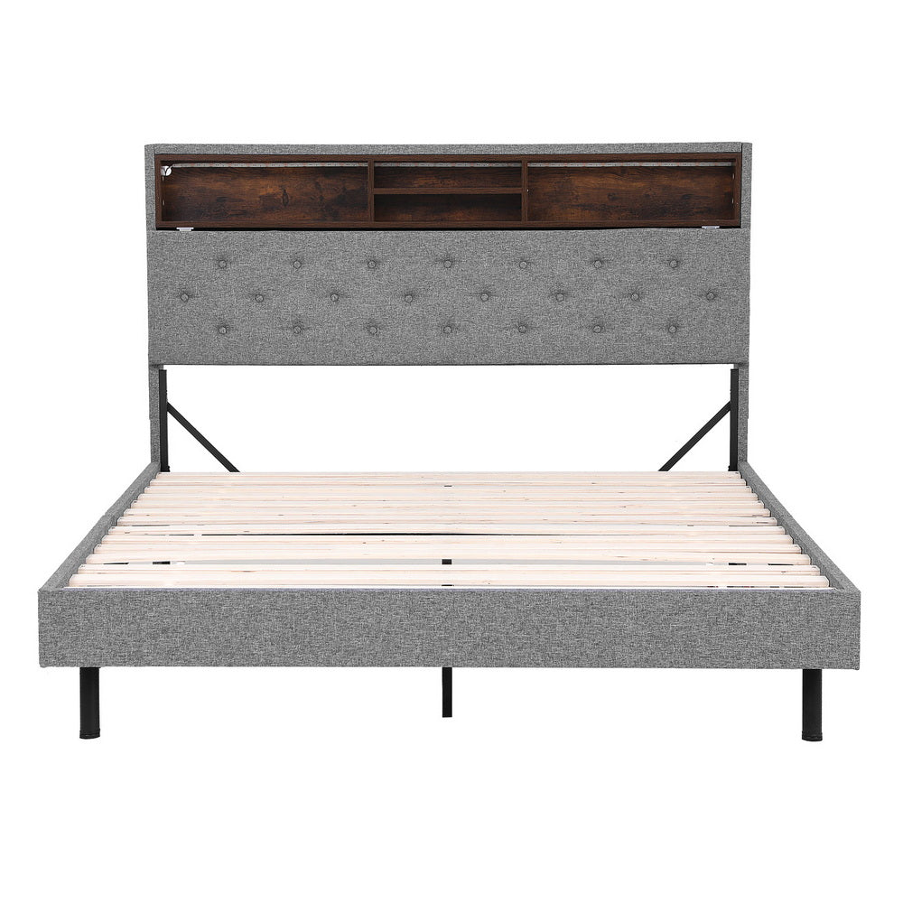 Midnight Queen LED Bed Frame with Storage Shelf Hidden Storage Box - Grey