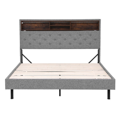Midnight Queen LED Bed Frame with Storage Shelf Hidden Storage Box - Grey