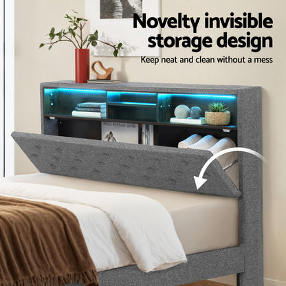 Midnight Queen LED Bed Frame with Storage Shelf Hidden Storage Box - Grey