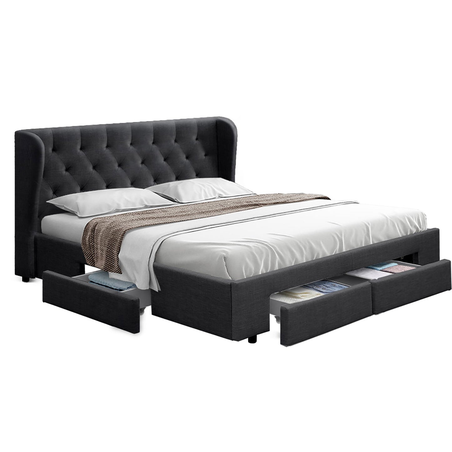 Mila King Bed Frame with 4 Drawers - Charcoal