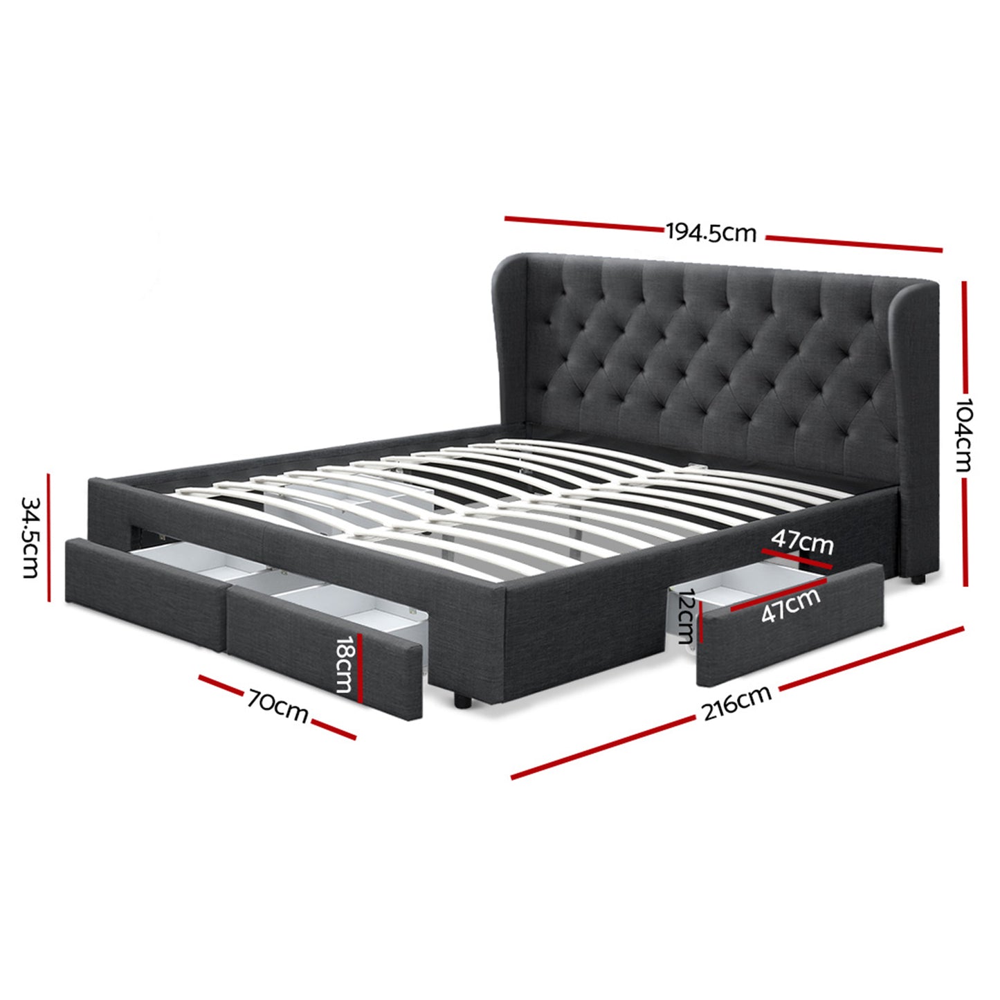 Mila King Bed Frame with 4 Drawers - Charcoal