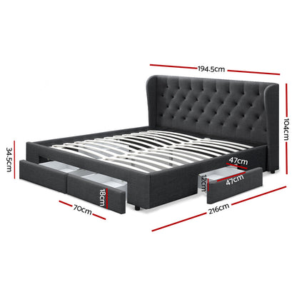 Mila King Bed Frame with 4 Drawers - Charcoal