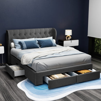 Mila Queen Bed Frame with 4 Drawers - Charcoal